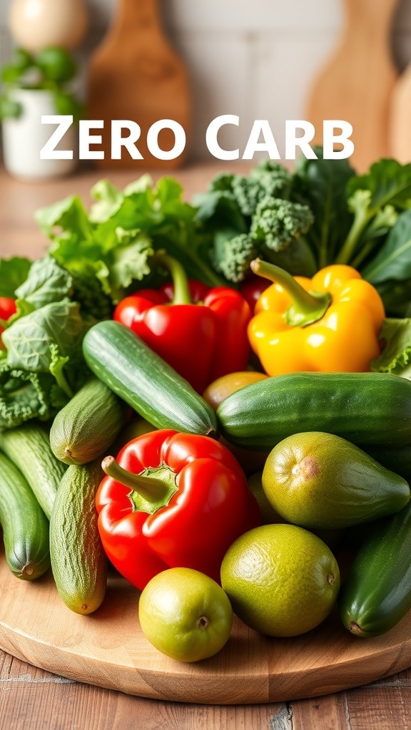Guide to Zero Carb Fruits and Vegetables An array of zero carb fruits and vegetables including spinach, cucumbers, bell peppers, and avocados on a wooden cutting board.